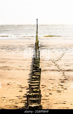 Poteaux en bois couverts de mousse dans une rangée menant à la mer, vagues de l'océan floues ciel surexposé pour le concept et l'espace de copie. Banque D'Images