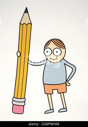 Illustration de style dessin animé petit enfant tenant un gros crayon isolé sur fond blanc Banque D'Images