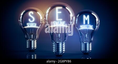 SEM, concept de marketing de Search Engine - ampoules brillantes - illustration 3D Banque D'Images