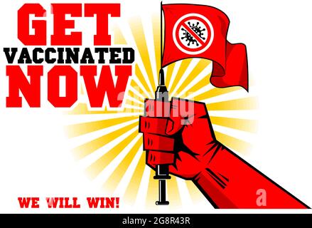 Concept de vaccination contre le coronavirus dans un style rétro. Le poing rouge fort tient une seringue avec un vaccin et un drapeau contre le fond du soleil levant. VVecto Illustration de Vecteur