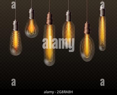 Jeu d'ampoules réalistes, décor tendance lampes en verre luminescentes suspendues à de longs filaments Illustration de Vecteur