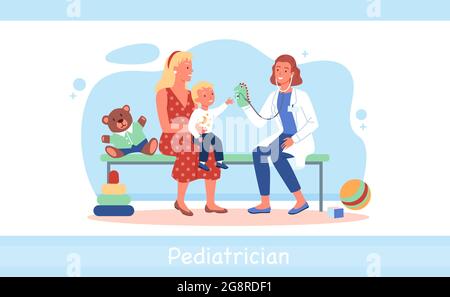 Caricature médecin femme personnage et enfant garçon patient jouant ensemble, pédiatre médique examinant la santé de l'enfant à l'hôpital isolé sur blanc. Heureux Illustration de Vecteur