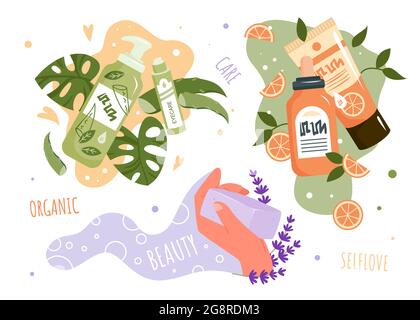 Dessin animé main humaine tenant barre de savon de lavande, produits cosmétiques naturels de plantes d'herbes, fleurs et feuilles. Spa soin de la peau isolé sur blanc. Illustration de Vecteur