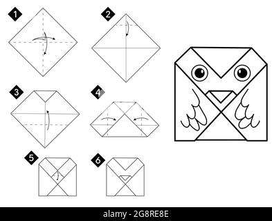 Étape par étape comment faire simple origami hibou oiseau . Illustration des instructions vectorielles monochromes. Livre blanc et noir à faire soi-même. Illustration de Vecteur