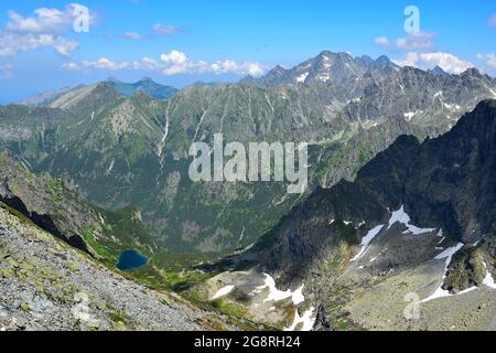 Vue fantastique depuis le sommet du mont Rysy (Vaha), l'une des plus hautes montagnes des Hautes Tatras. Slovaquie, Pologne. Banque D'Images