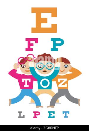 Les enfants testant la vue, les enfants à l'opticien. Illustration de trois enfants avec tableau de test oculaire. Vecteur disponible. Illustration de Vecteur
