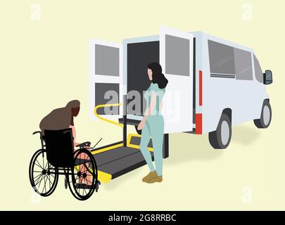 Volontaire aidant la jeune femme handicapée en fauteuil roulant, travaillant sur ordinateur portable au transport accessible en fauteuil roulant avec rampe d'accès pour les personnes handicapées i Illustration de Vecteur