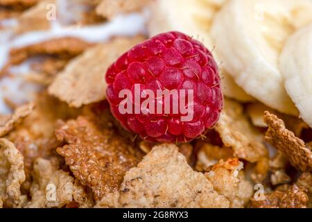 Muesli. Petit déjeuner, alimentation saine et alimentation. Muesli avec fruits dans une assiette sur fond rose. Bleuets, fraises et framboises sur un Banque D'Images