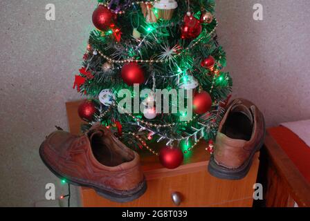 Vieilles chaussures, trous dans les chaussures et roses, roses, arbre de noël, Banque D'Images