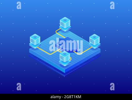 Concept DE sécurité INFORMATIQUE pour les centres de données. Illustration vectorielle 3d isométrique du symbole de sécurité et des serveurs connectés. Illustration de Vecteur