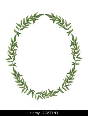 Feuilles vertes cadre ovale simple dessin main aquarelle illustration, verdure festive clipart, décoration de fête pour invitation, mariage ou cartes de voeux Banque D'Images