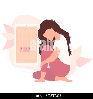 La fille regarde le calendrier pour femme. Belle femme moderne triste se trouve près de la santé féminine et calendrier menstruel sur l'écran du téléphone. Vecteur Illustration de Vecteur