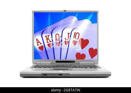 cartes à jouer sur l'écran d'un ordinateur portable, poker en ligne Banque D'Images