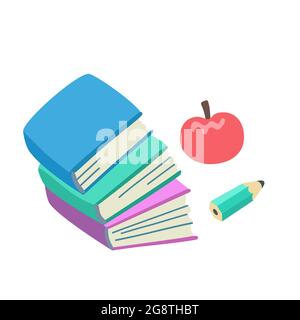 Pile de livres, crayon et pomme isolée sur fond blanc. Illustration minimaliste conceptuelle sur le thème de la vie scolaire ou étudiante. Illustration de Vecteur