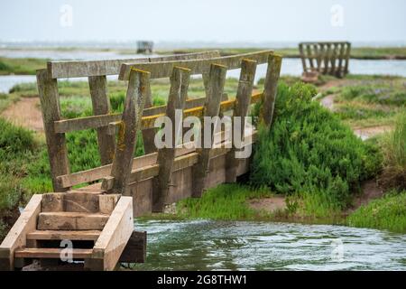 Ponts piétonniers en bois dans les marais salants de raidisseur près de Holt dans le nord de Norfolk, East Anglia UK. Banque D'Images