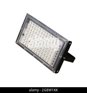 Gros plan d'une lampe à LED rectangulaire avec bordure noire sur fond blanc. Catalogue de lampes pour électricien ou ouvrier de construction. Dispositif d'éclairage pour h Banque D'Images