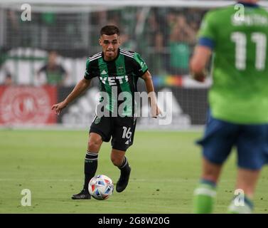 Austin, Texas, États-Unis. 22 juillet 2021. Hector Jimenez, milieu de terrain du FC Austin (16) pendant la première moitié d'un match de football de ligue majeure entre le FC Austin et le FC Seattle Sounders, le 22 juillet 2021 à Austin, Texas. Seattle a gagné, 1-0. (Image de crédit : © Scott Coleman/ZUMA Press Wire) Banque D'Images