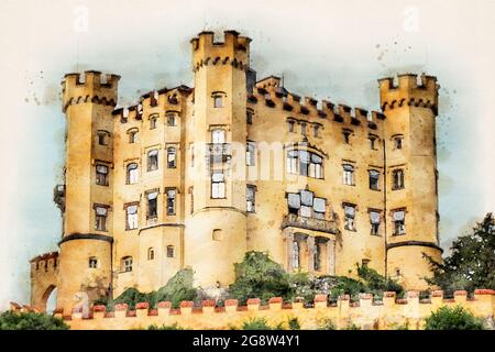 Château de Hohenschwangau en Bavière, Allemagne. Le palais de Schwangau est une destination touristique populaire dans le sud de l'Allemagne. Illustration aquarelle. Banque D'Images