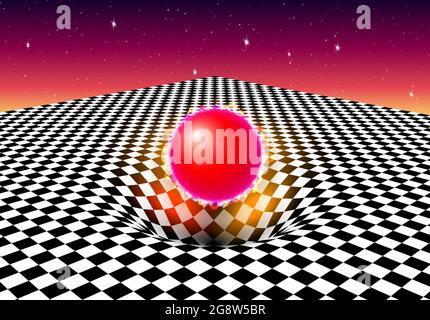 Arrière-plan abstrait en damier avec boule rouge et effet de gravité sur la fosse ou le trou sur le sol. Illustration Vaporwave ou Synthwave 80s stylisée. Illustration de Vecteur