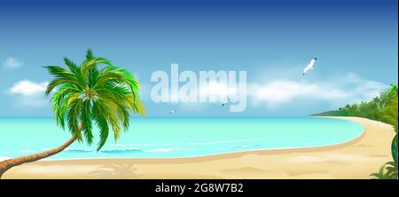 Plage de sable tropical. Palmier au-dessus de l'eau. Ocean Coast. Paysage marin de la rive. Océan, ciel, nuages, sable. Illustration de Vecteur