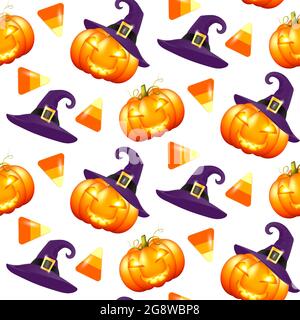Motif avec des citrouilles et des friandises d'Halloween brillantes sur un fond blanc. Citrouilles d'halloween à motif sans couture, superbes motifs pour toutes les utilisations. Illustration de Vecteur