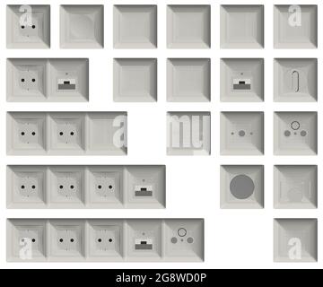 Jeu avec prises électriques, interrupteurs d'éclairage, prises de courant isolées sur fond blanc. 3D. Illustration vectorielle. Illustration de Vecteur