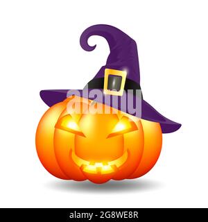 Citrouille orange avec un sourire dans un chapeau de sorcière violet. Citrouille d'Halloween avec chapeau de sorcières. Attribut de lanterne Jack de la Toussaint. Illustration vectorielle. Illustration de Vecteur