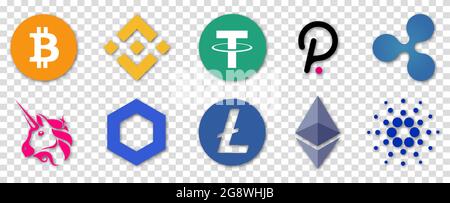 Vinnytsia, Ukraine - 20 juillet 2021. Top 10 de la crypto-monnaie en 2021. Bitcoin, Ethereum, Binance, Tether, XRP, Polkadot, Cardano, Uniswap, chaîne Litecoin Illustration de Vecteur