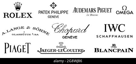 Vinnytsia, Ukraine - 20 juillet 2021. Les meilleures marques de montres de luxe au monde. Rolex, Patek Philippe, Audemars Piguet, A.Lange S hne, Omega, Blancpain, IWC Illustration de Vecteur