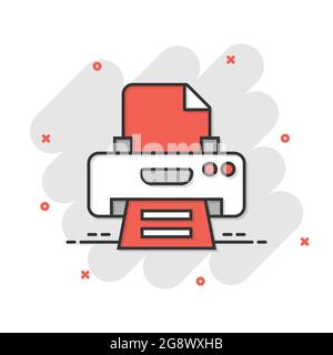 Icône imprimante de bureau en style comique. Illustration vectorielle de la bande dessinée de télécopie sur fond blanc isolé. Concept commercial impression de texte effet de destruction. Illustration de Vecteur