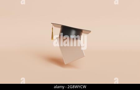 livre minimaliste flottant dans les airs avec chapeau de graduation sur le dessus. rendu 3d Banque D'Images