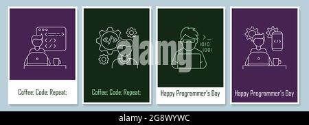 Cartes postales de la journée du programmeur mondial avec jeu d'icônes de glyphes linéaires Illustration de Vecteur