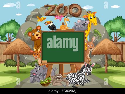 Tableau noir vide avec divers animaux sauvages dans l'illustration du zoo Illustration de Vecteur
