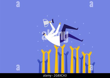 Les supporters lancent un homme avec un trophée dans les airs Illustration de Vecteur
