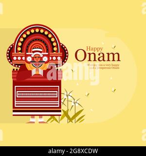 Contexte du festival Onam avec un artiste Theyyam. Onam est un festival de la récolte à Kerala, en Inde Illustration de Vecteur