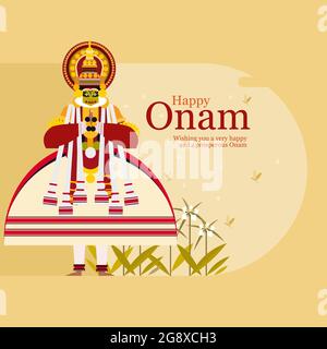 Contexte du festival Onam avec un artiste Kathakali. Onam est un festival de la récolte à Kerala, en Inde Illustration de Vecteur