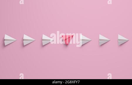 Concept de perturbation des femmes. Changez de concept avec un avion de papier rose entre un plan de ligne blanc. Pensez différent. rendu 3d.