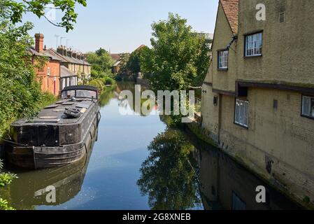 Péniche et maisons anciennes sur la rivière Lea navigation à Hertford, Hertfordshire, dans le sud de l'Angleterre, en été Banque D'Images