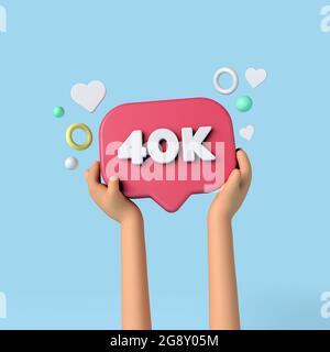 40 000 abonnés aux médias sociaux signent un formulaire tenu par un influenceur. Rendu 3D. Banque D'Images