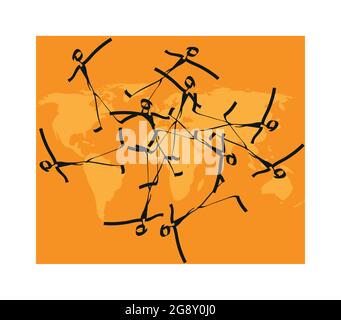 Dessin comme Lascaux. Silhouettes de gens sur le fond d'une carte du monde orange Illustration de Vecteur