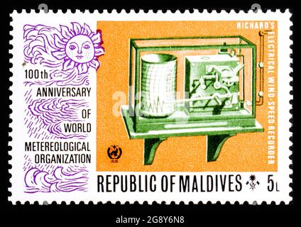 RÉPUBLIQUE DES MALDIVES - VERS 1973: Timbre-poste des Maldives montrant l'enregistreur électrique de vitesse du vent de Richard Banque D'Images