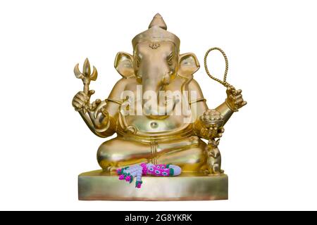 Dieu hindou doré Ganesha, isolé sur fond blanc Banque D'Images