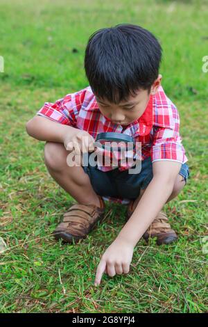 Un enfant heureux en pleine nature. Jeune garçon asiatique explorant la nature au sol avec une loupe. À l'extérieur, en journée, en plein soleil. Banque D'Images