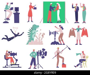 Personnages de tournage de film. Cinéma processus de production de film, réalisateur de film, caméraman et acteurs scénario jeu d'illustrations. Équipe de production de films Illustration de Vecteur