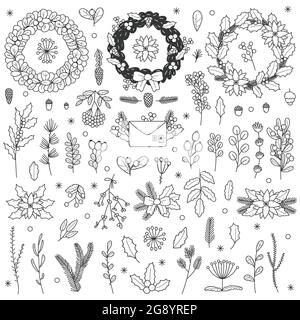 Éléments floraux de Noël. Xmas feuilles dessinées à la main, branches, baies de houx et rowan Doodle vecteur illustration ensemble. Fleurs décoratives de Noël Illustration de Vecteur