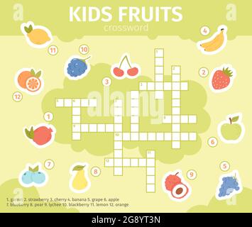 Mot clé fruits d'été. Jeu éducatif de mots croisés pour enfants avec illustration vectorielle de citron, pomme, raisin et fruits orange. Casse-têtes fruits pour Illustration de Vecteur