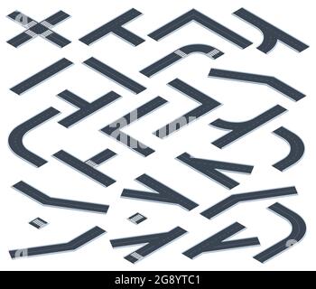 Routes isométriques. Éléments de la carte routière de l'autoroute ou de la ville, intersections de routes en 3d et virages avec jeu d'illustrations vectorielles de marquages. Route asphaltée Illustration de Vecteur