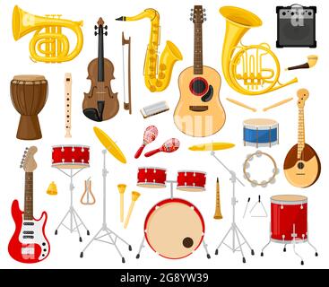 Instruments de musique de dessin animé. Instruments acoustiques et électriques, guitares, batterie, saxophone, kit d'illustrations vectorielles pour violon. Instruments de musique Illustration de Vecteur