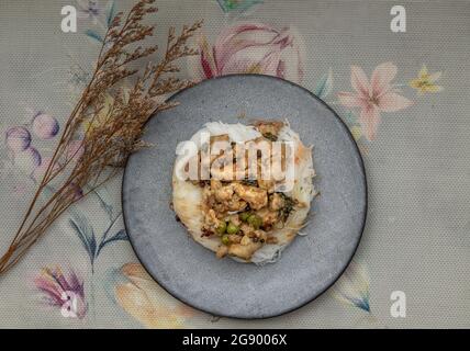 Curry vert avec poulet (Kaeng kheow hwan avec poulet) sur une assiette de nouilles de riz tendres. Authentique cuisine thaïlandaise, concentration sélective. Banque D'Images