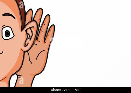 bande dessinée demi-visage excitée icône à l'écoute illustration dessin icône isolée Banque D'Images